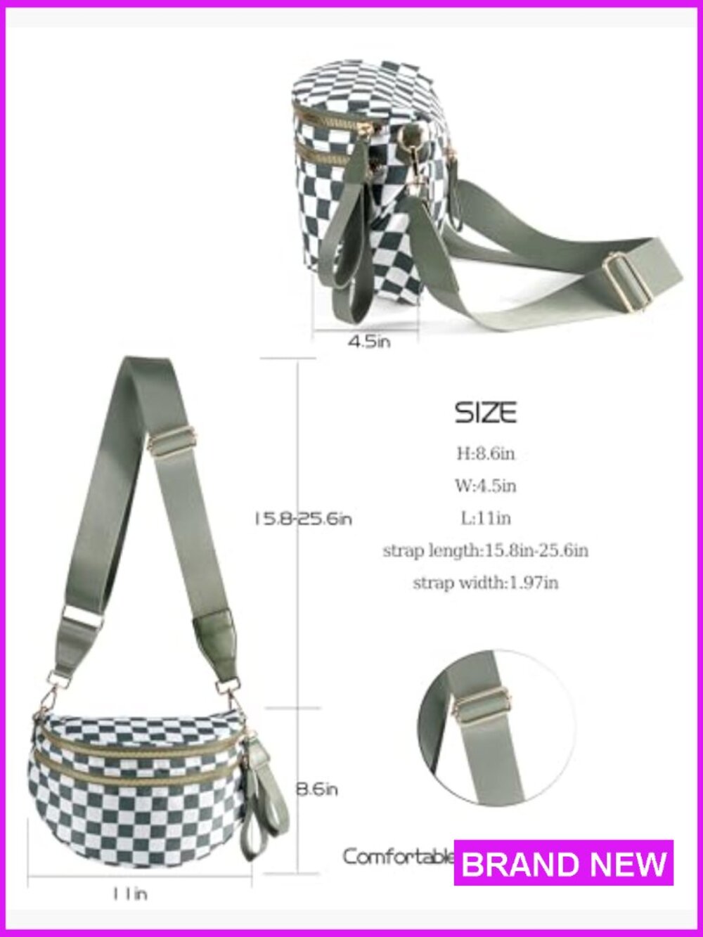 Crossbody Sling Bag Checkered Print Durable Nylon Casual Hands-Free Daypack - Picture 4 of 7